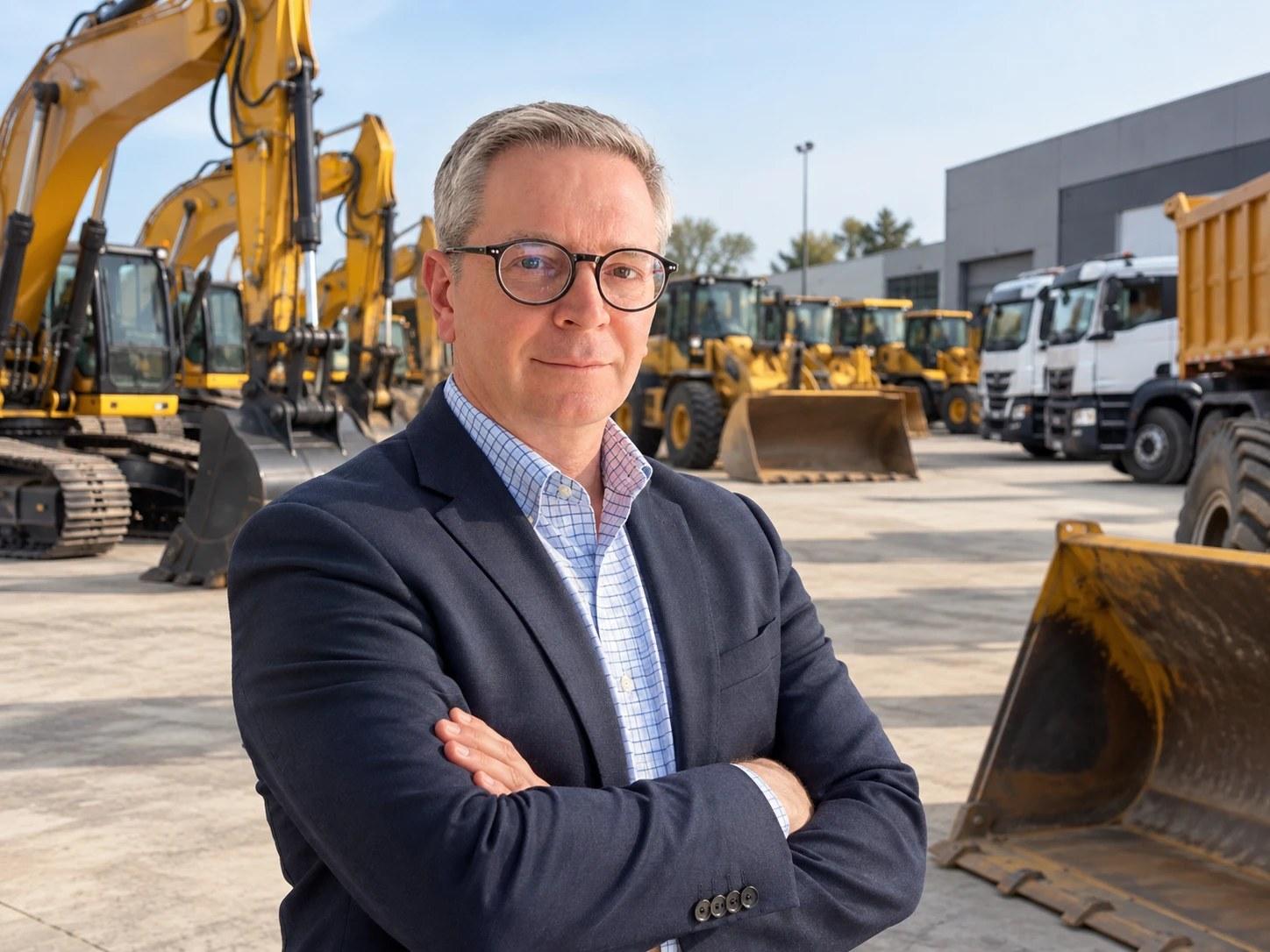 Le fondateur de Smulders Machinery devant le parc d'engins